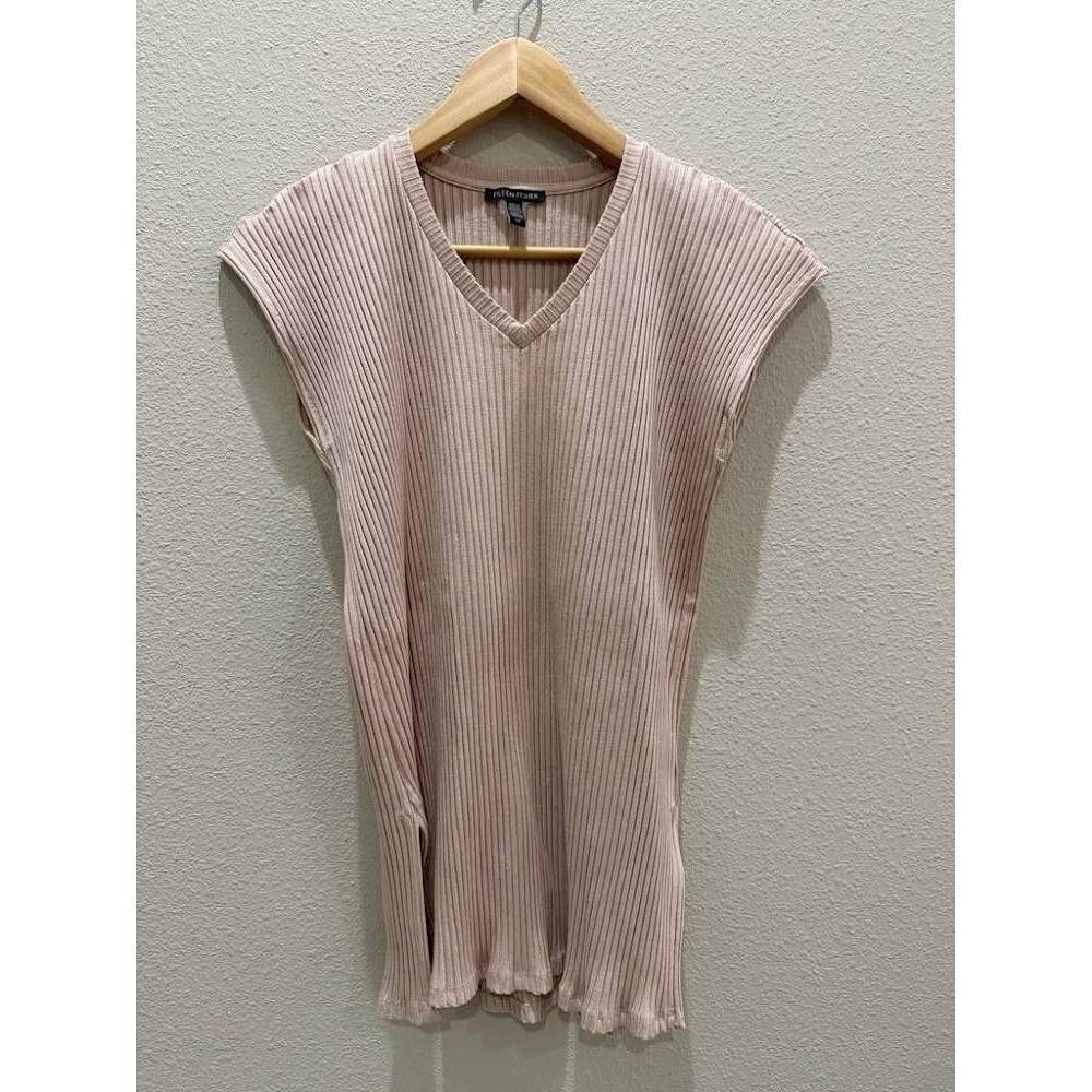 Eileen Fisher Spring 2022 Soft Ribbed V-Neck Cap Sleeve Tunic Top Dust Pink S/P